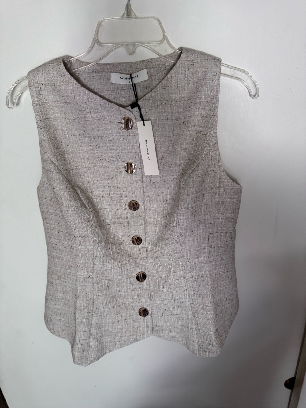 Sleeveless Button-Front Linen Blend Top — beige/tan tweed